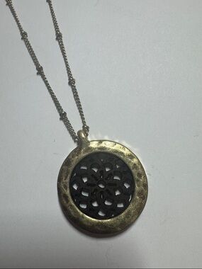Round Filigree Pendant Necklace in Gold and brown wood -